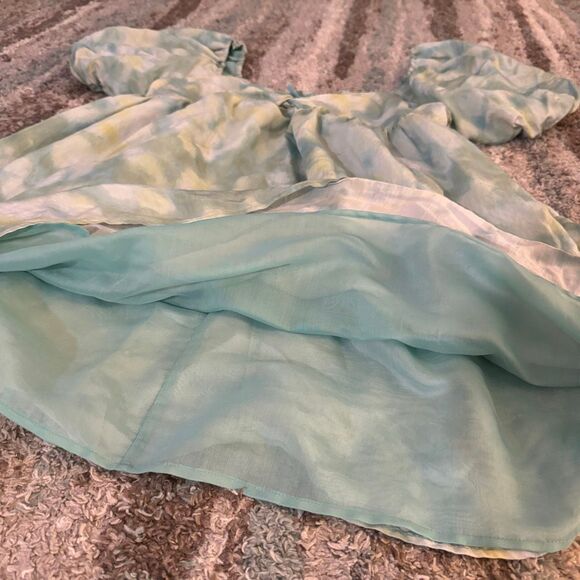 Future Collective Green & Blue Watercolor Tie-Dye Puff Sleeve Mini Fairy Dress 1 - Picture 3 of 5